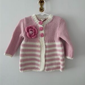 Pink & White Striped Knit Baby Cardigan with Flower